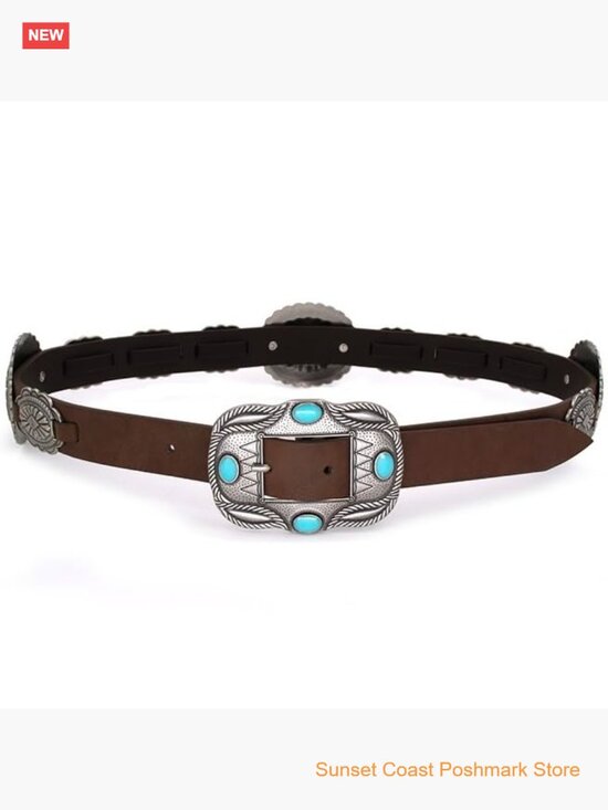 Western Concho Belt with Antique Silver Buckle Faux Leather for Jeans Dresses main image 5